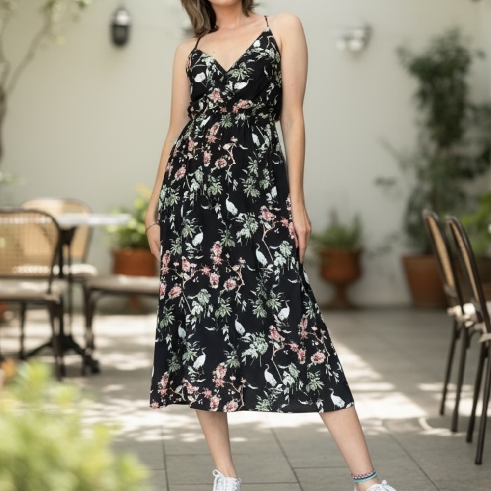 Banana Republic Black Floral Birds Midi Dress Strappy Summer Dress 4